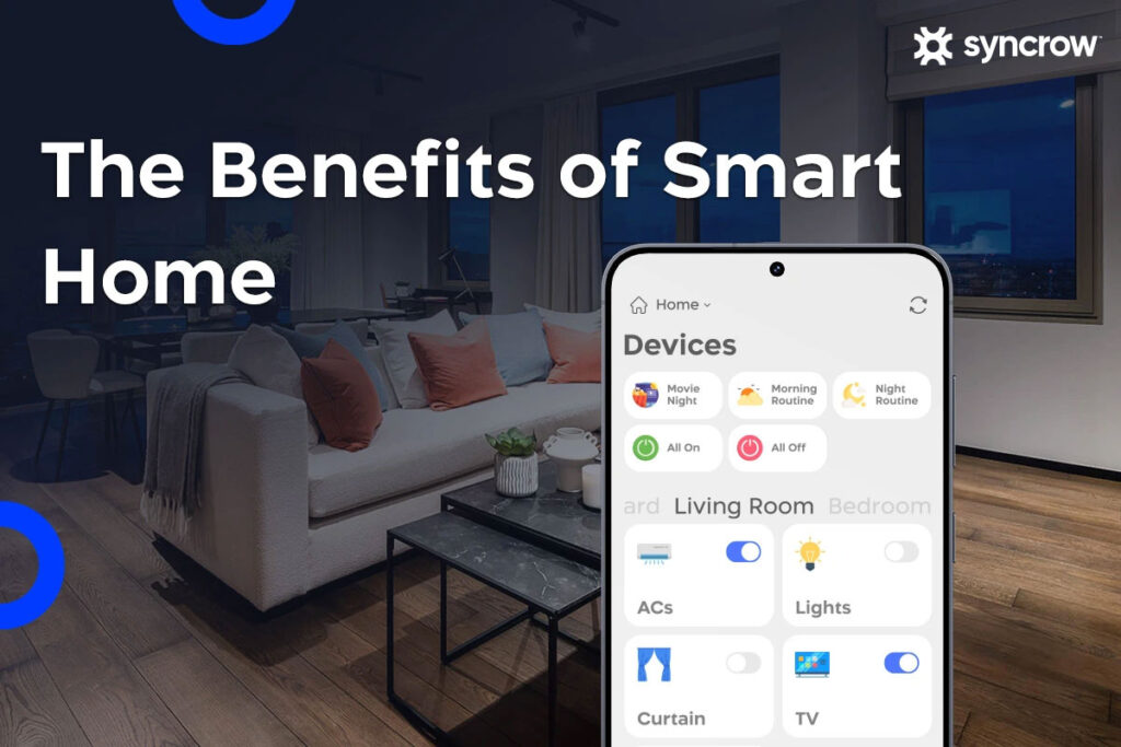 Syncrow smart home benefits banner with app device controls
