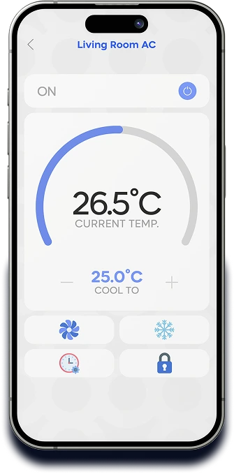 شاشة هاتف ذكي تظهر تطبيق سينكرو وإمكانية التحكم بالمكيّف وضبط درجة الحرارة ضمن نظام المنزل الذكي