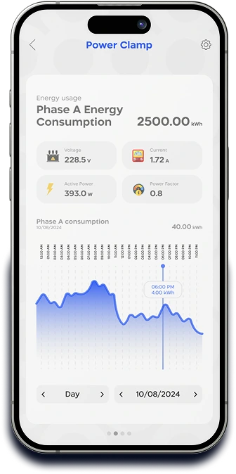 واجهة تطبيق سينكرو تعرض بيانات استهلاك الطاقة وتحليل الاستخدام. تساعد على مراقبة الاستهلاك وتحليل كفاءة الطاقة ضمن نظام تحكم ذكي وإنترنت الأشياء