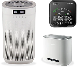 حلول جودة الحياة من سينكرو. أنظمة إنترنت الأشياء تشمل مستشعر جودة الهواء، جهاز تنقية الهواء الذكي، وجهاز ترطيب ذكي