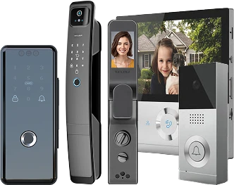 حلول الدخول الذكي من سينكرو لإدارة الدخول والأمان. قفل باب ذكي بتقنية التعرف على الوجه، قفل ذكي، وجهاز فيديو إنتركم