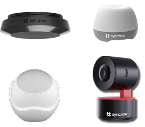 حلول الأمن والسلامة من سينكرو تشمل العديد من أجهزة إنترنت الأشياء. كاميرا داخلية، مستشعر حركة، مستشعر تسرب المياه، ومستشعر الوجود ضمن المنزل