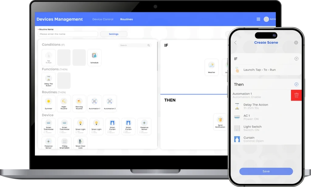 واجهة منصة انترنت الأشياء تعرض أتمتة سير العمل مع إعداد قواعد تشغيل تلقائية للأجهزة والمهام على شاشة لابتوب وهاتف ذكي.