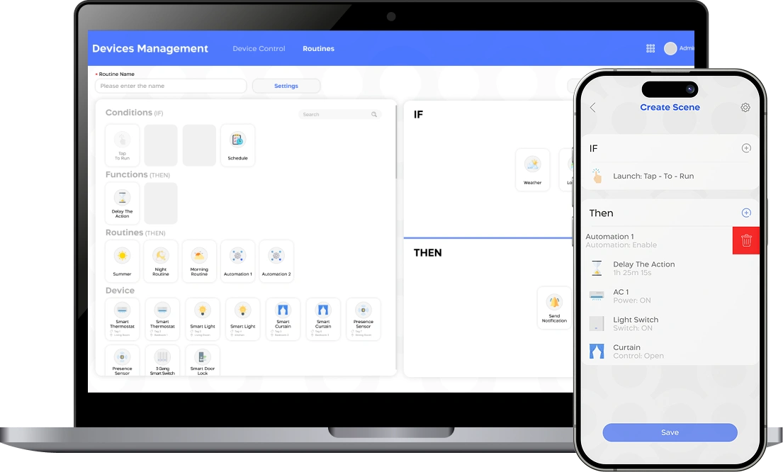 واجهة منصة انترنت الأشياء تعرض أتمتة سير العمل مع إعداد قواعد تشغيل تلقائية للأجهزة والمهام على شاشة لابتوب وهاتف ذكي.
