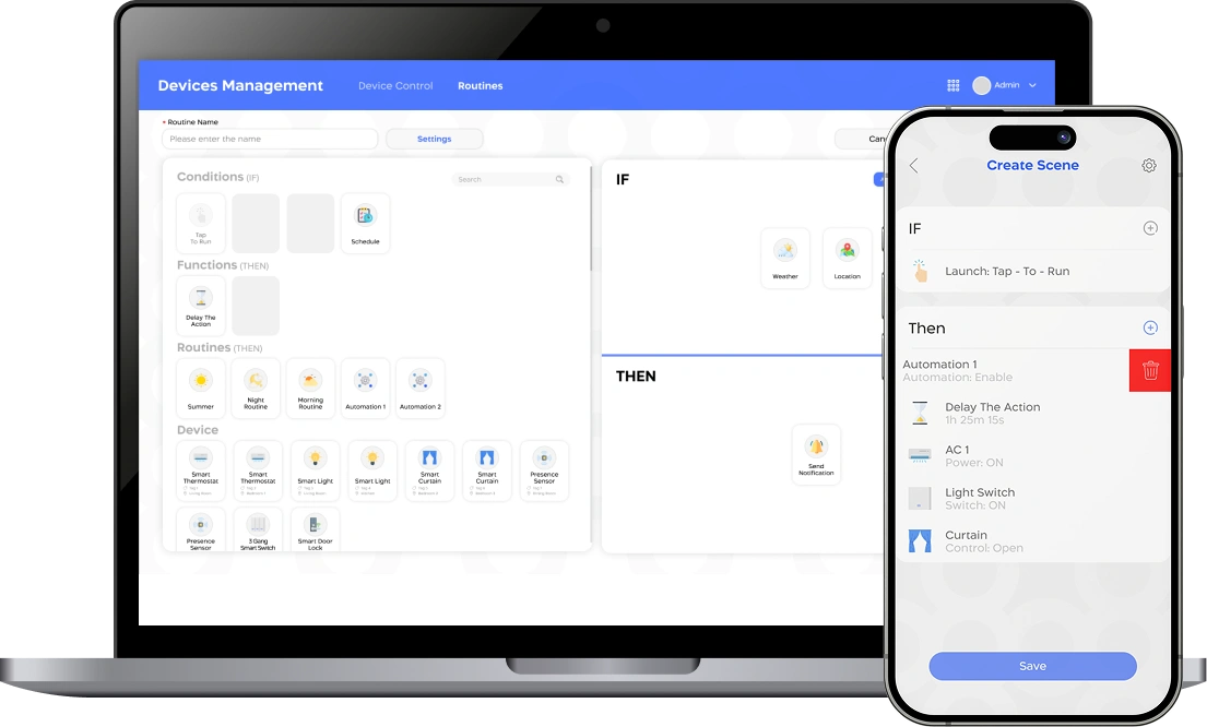 Syncrow SyncOS automation scene builder with IF-THEN routines.