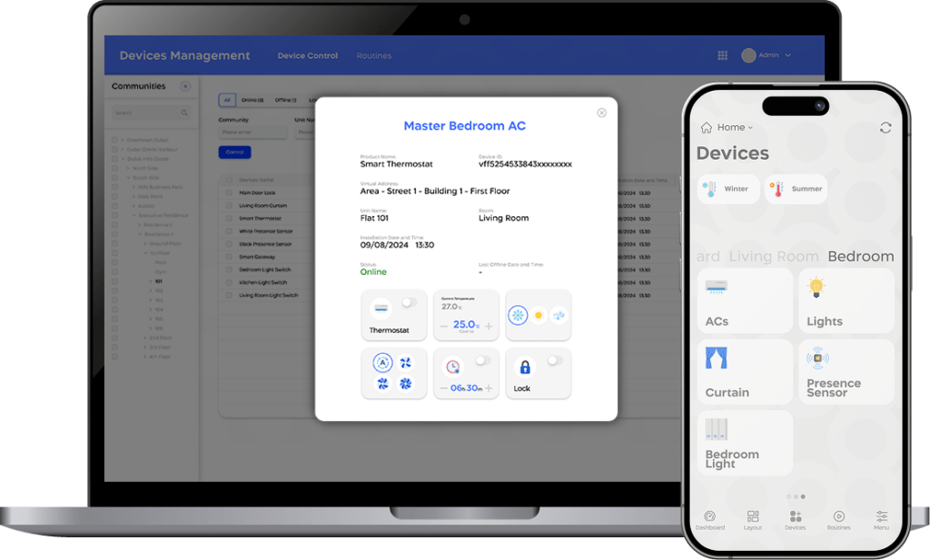 واجهة التحكم بالأجهزة في سينك او اس تعرض الأجهزة الذكية المتصلة وخيارات التحكم والإعدادات على شاشة لابتوب وهاتف ذكي.